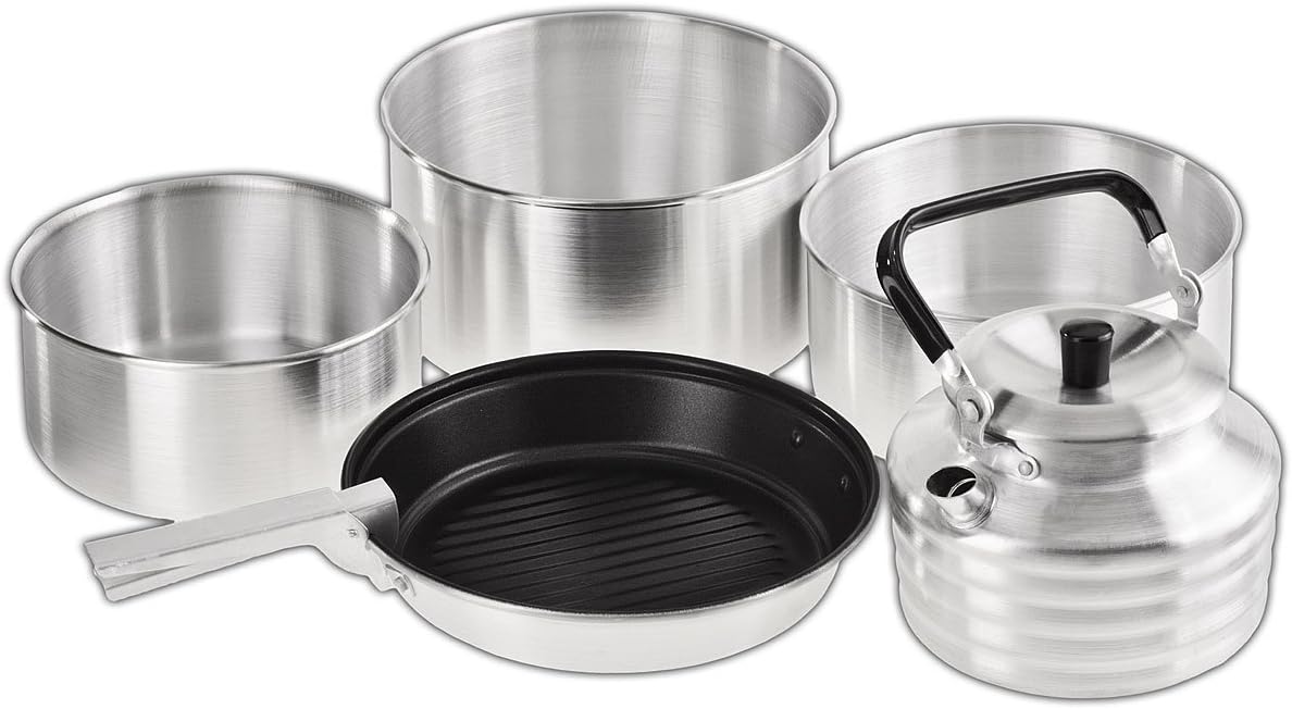 Camping Cooking Set 5 Pieces Stackable Aluminium Pots Frying Pan
