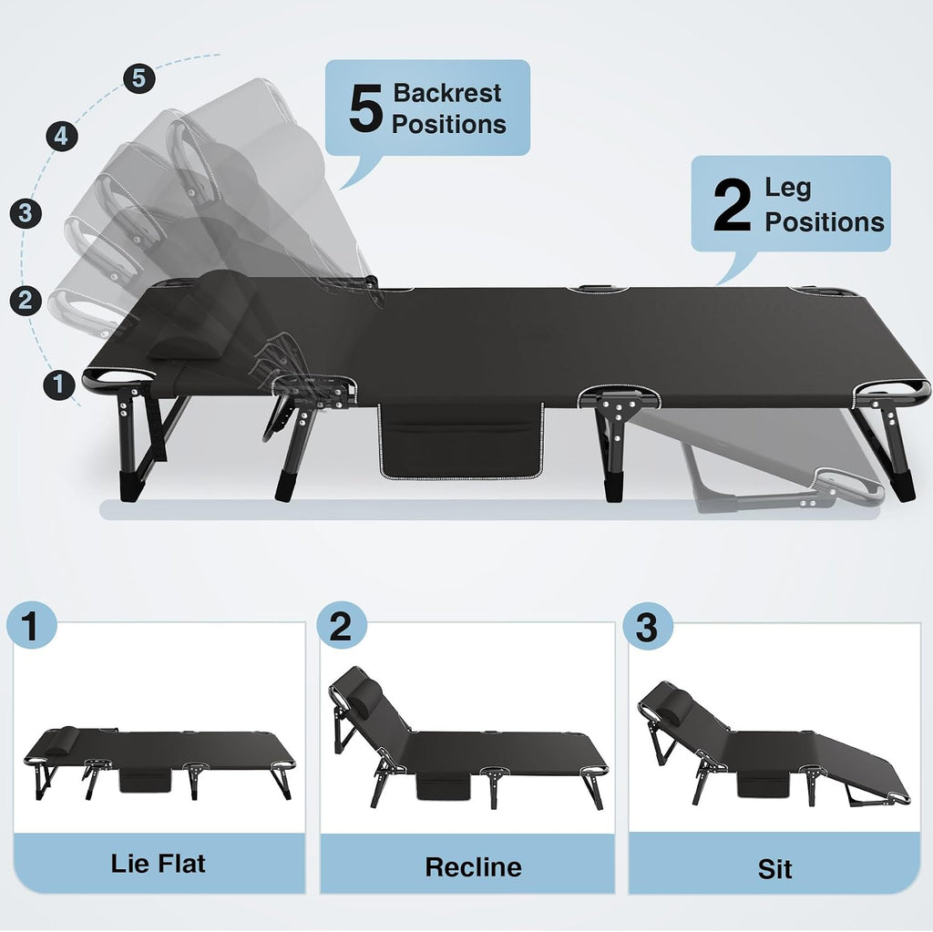 Camping Cot 5+2 Positions Adjustable Reclining Folding Camping Cot Sleeping Bed Cots for Adults Outdoor Portable Chaise Lounge Chair W/Carry Bag Pillow Cushion for Home Nap Beach Travel