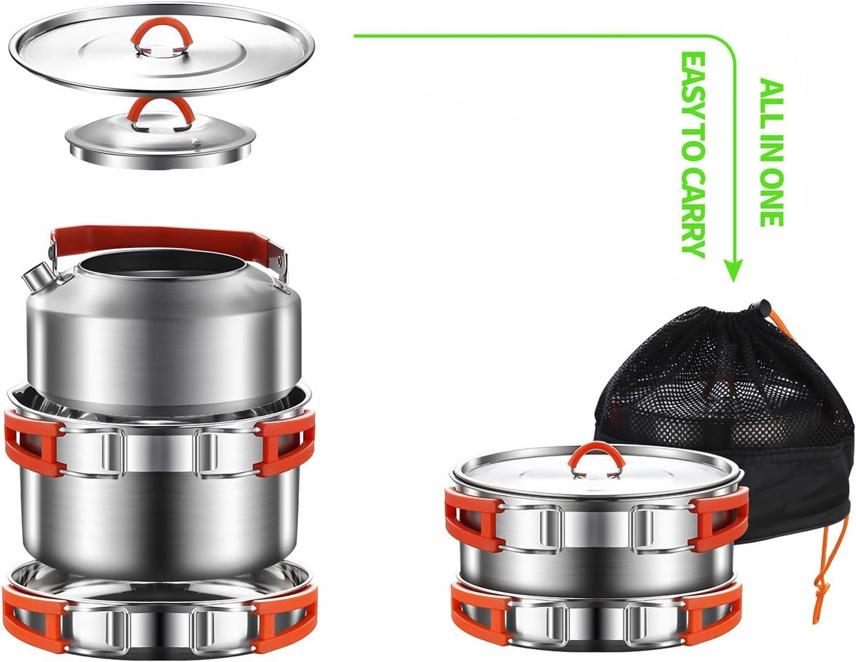 Camping Cooking Set, Camping Cookware Set, 304 Stainless Steel Camping Pots and Pans Set, Includes Pot Nonstick Frying Pan Kettle in Mesh Bag for Hiking Outdoor Cooking Backpack for 1-2 Men