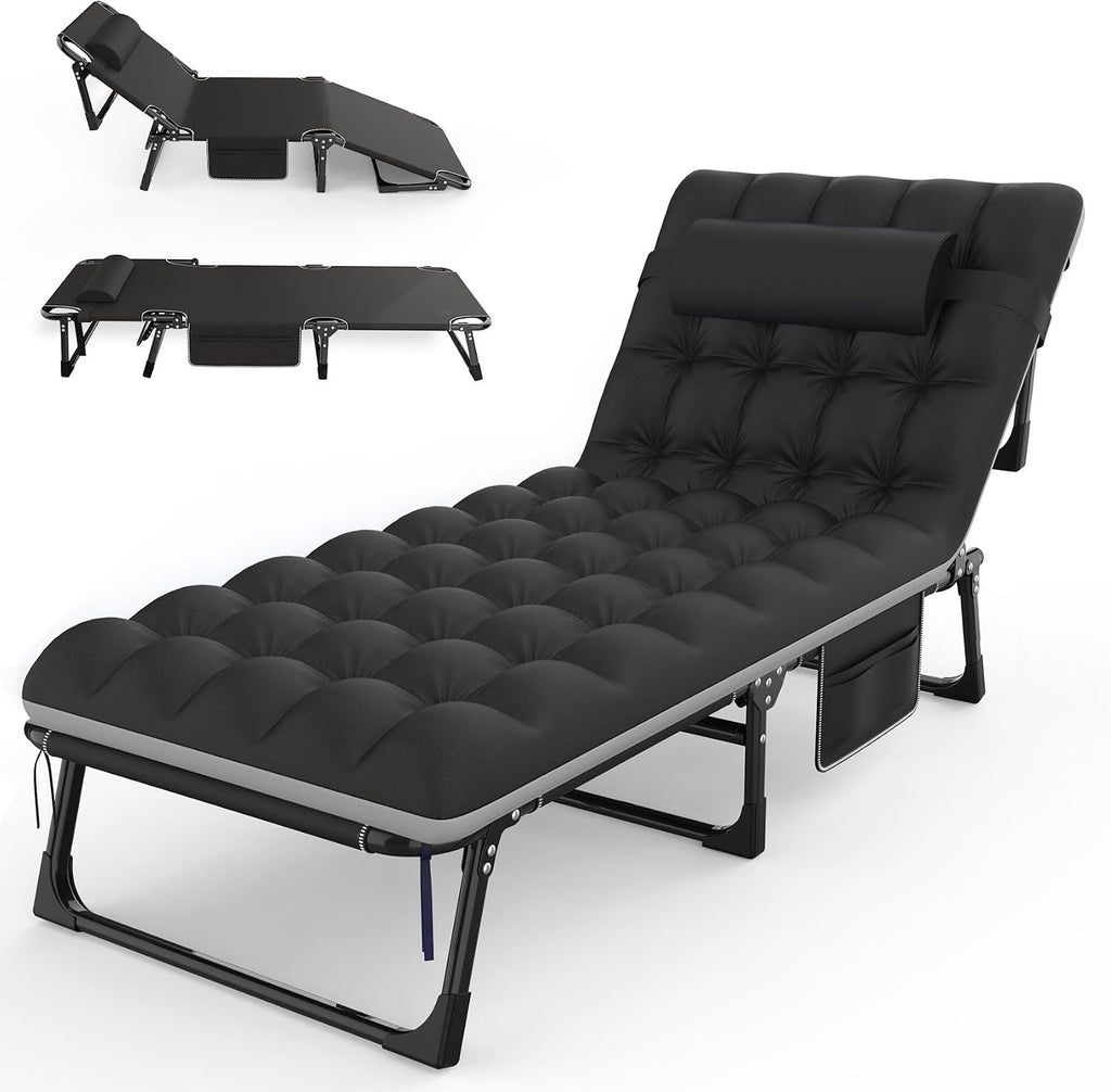 Camping Cot 5+2 Positions Adjustable Reclining Folding Camping Cot Sleeping Bed Cots for Adults Outdoor Portable Chaise Lounge Chair W/Carry Bag Pillow Cushion for Home Nap Beach Travel