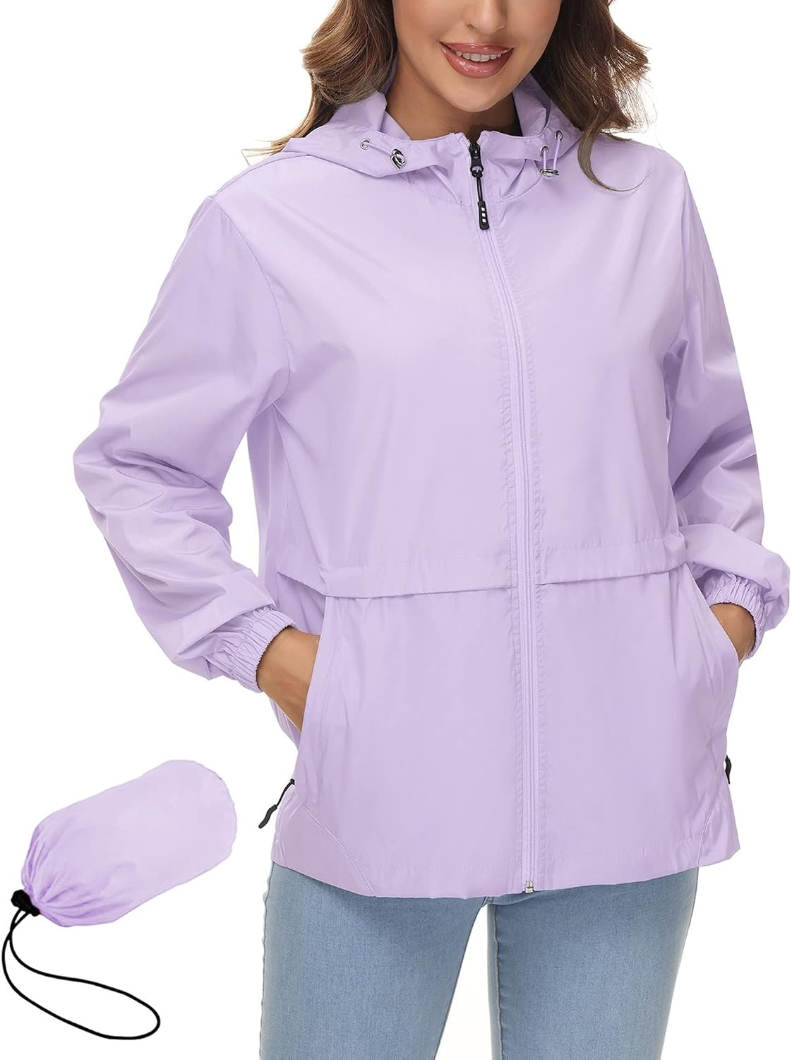 Women Waterproof Rain Jacket Lightweight Raincoat Packable Hooded Outdoor Windbreaker