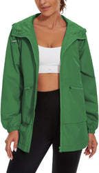 Women Waterproof Raincoat Lightweight Rain Jacket Trench Coat Hooded Windbreaker With Pockets for Outdoor