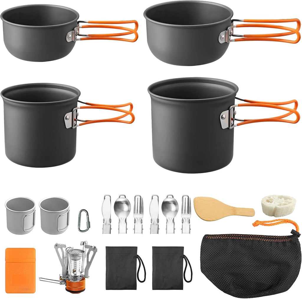 15PCS Portable Camping Cooking Set with Stove Top, Non-Stick Camping Pots and Pans Set, Lightweight Stackable Pot Pan Bowls Soup Spoon with Storage Bag for Camping, Outdoor Cooking