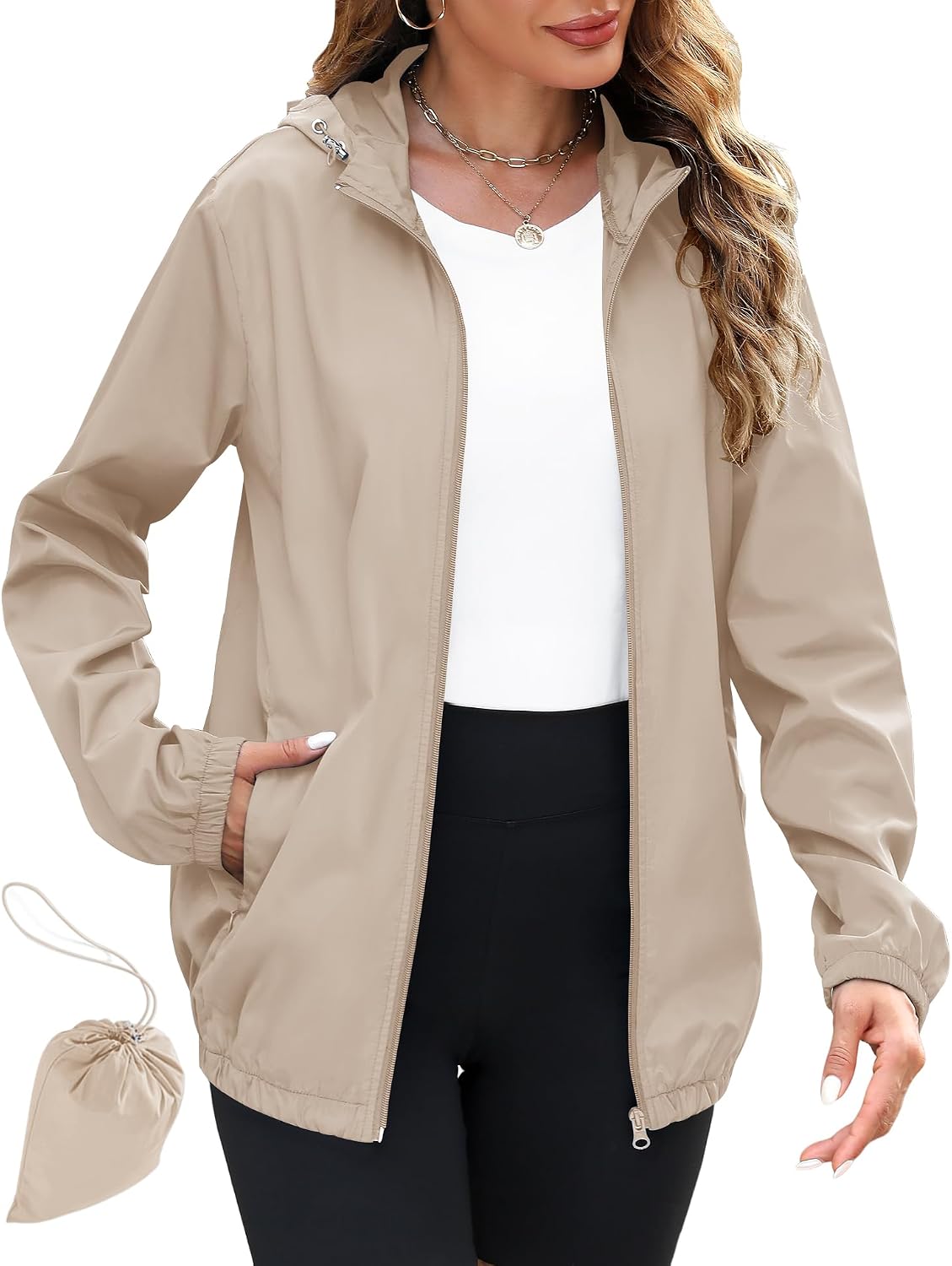 Rain Jacket Women Lightweight Waterproof Raincoats Packable Travel Hiking Hooded Windbreaker with Pockets S-XXL