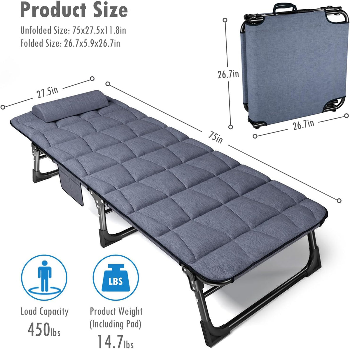 Folding Camping Cot for Adults with Padded Mattress and Pillow, Adjustable Reclining Lounger Sleeping Cot Bed, Ideal for Camping, Travel, Garden, or Office Use, Blue