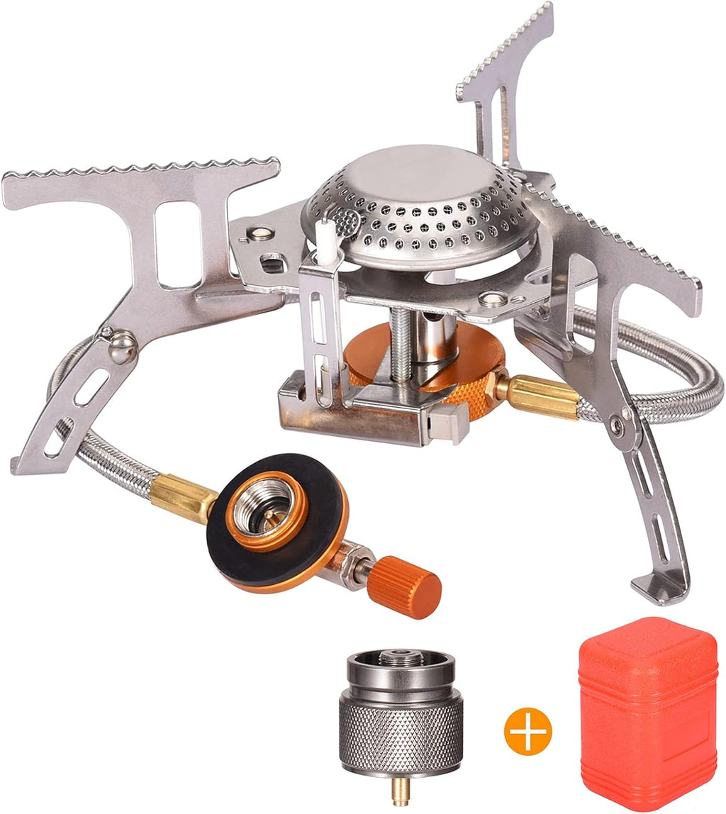 Portable Camping Gas Stove with 1 Propane Tank Adapter, Foldable Camp Stove Backpacking Stove with Piezo Ignition for Outdoor Hiking Cooking Burner