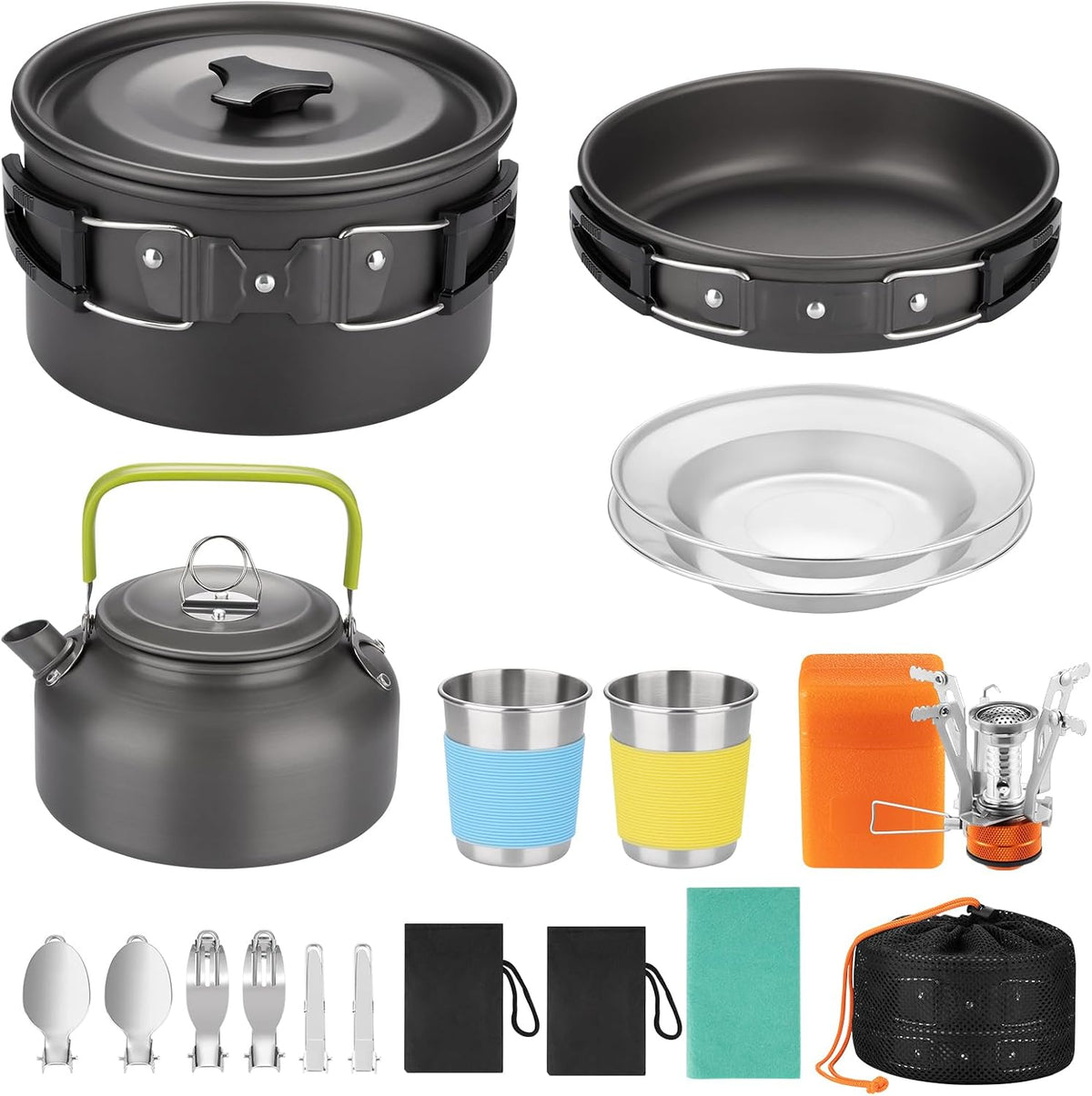 Camping Cookware Set, Portable Camping Mess Kit with Non-Stick PotsPans Set and Folding Fork, Lightweight Backpacking cookware Cooking Set for Outdoor/Camping/Hiking/Picnic