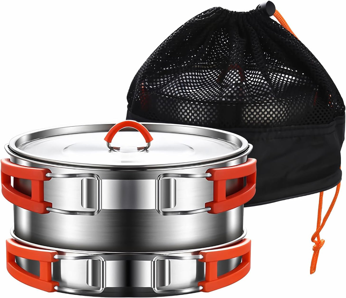 Camping Cooking Set, Camping Cookware Set, 304 Stainless Steel Camping Pots and Pans Set, Includes Pot Nonstick Frying Pan Kettle in Mesh Bag for Hiking Outdoor Cooking Backpack for 1-2 Men