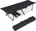 Folding Camping Cot with Table for Adults, Portable and Lightweight Sleeping Bed for Outdoor Traveling, Hiking, Easy to Set up, Black