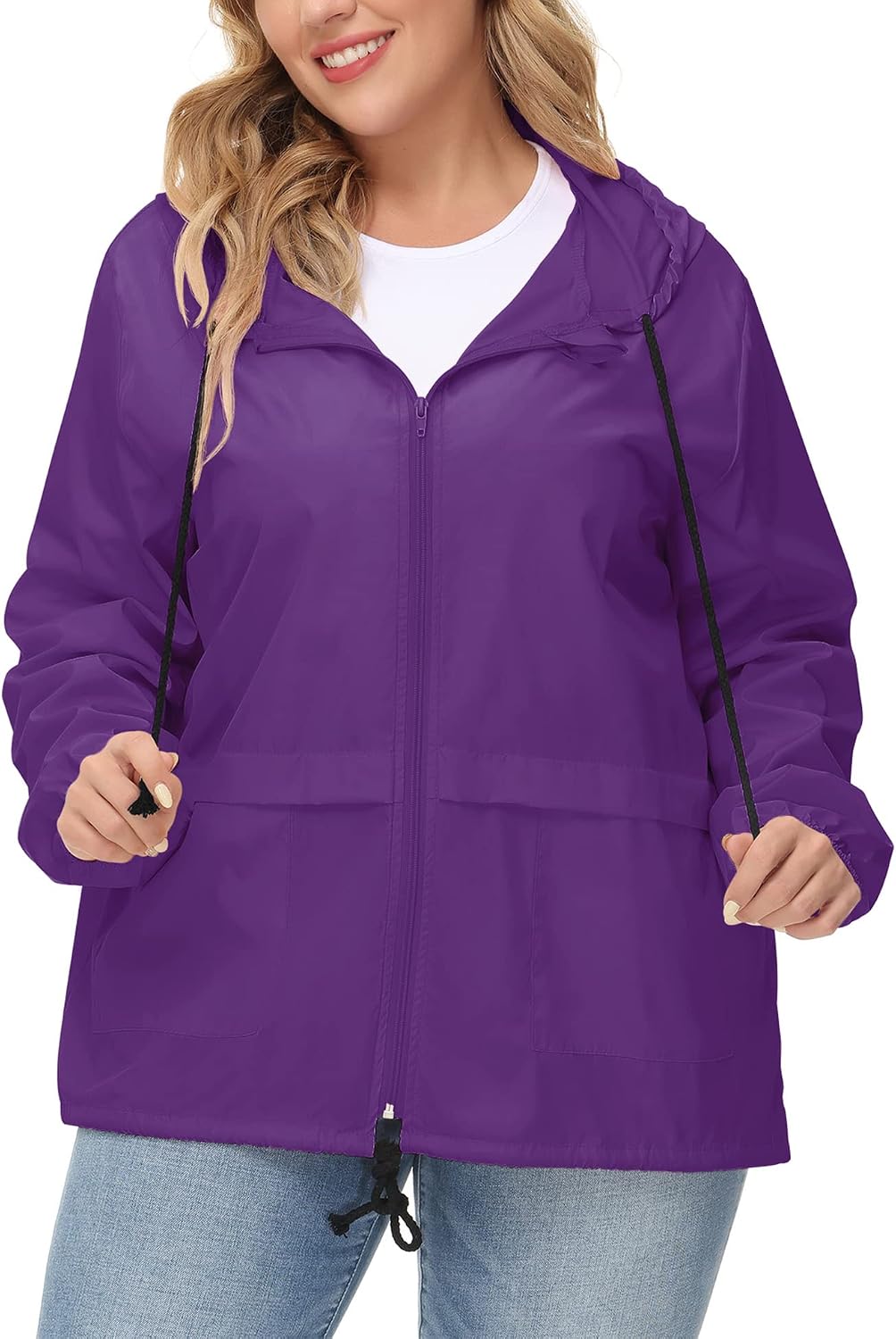 Plus Size Raincoat Women Waterproof Rain Jacket Packable Outdoor Hooded Windbreaker