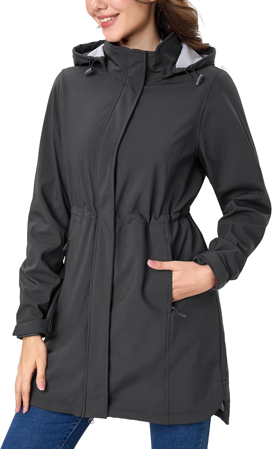 Women Long Fleece Lined Jackets Warm Winter Windbreaker Rain Coat Hooded Softshell Windproof Insulated