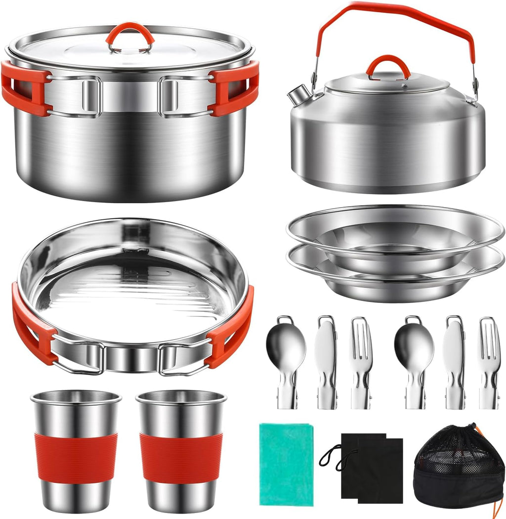 304 Stainless Steel Camping Cookware Set - Mess Kit with Pots, Pans, Kettle, Plates, Forks, Knives, Spoons for 2 People, Perfect for Camping, Picnic, RVs