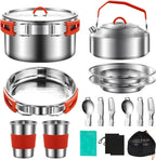 304 Stainless Steel Camping Cookware Set - Mess Kit with Pots, Pans, Kettle, Plates, Forks, Knives, Spoons for 2 People, Perfect for Camping, Picnic, RVs