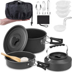 Camping Cookware Set 12 Pieces Outdoor Tableware Set Portable Aluminium Folding Camping Pot Kettle Cutlery Pot for 2-3 People Outdoor Kitchen Hiking Camping