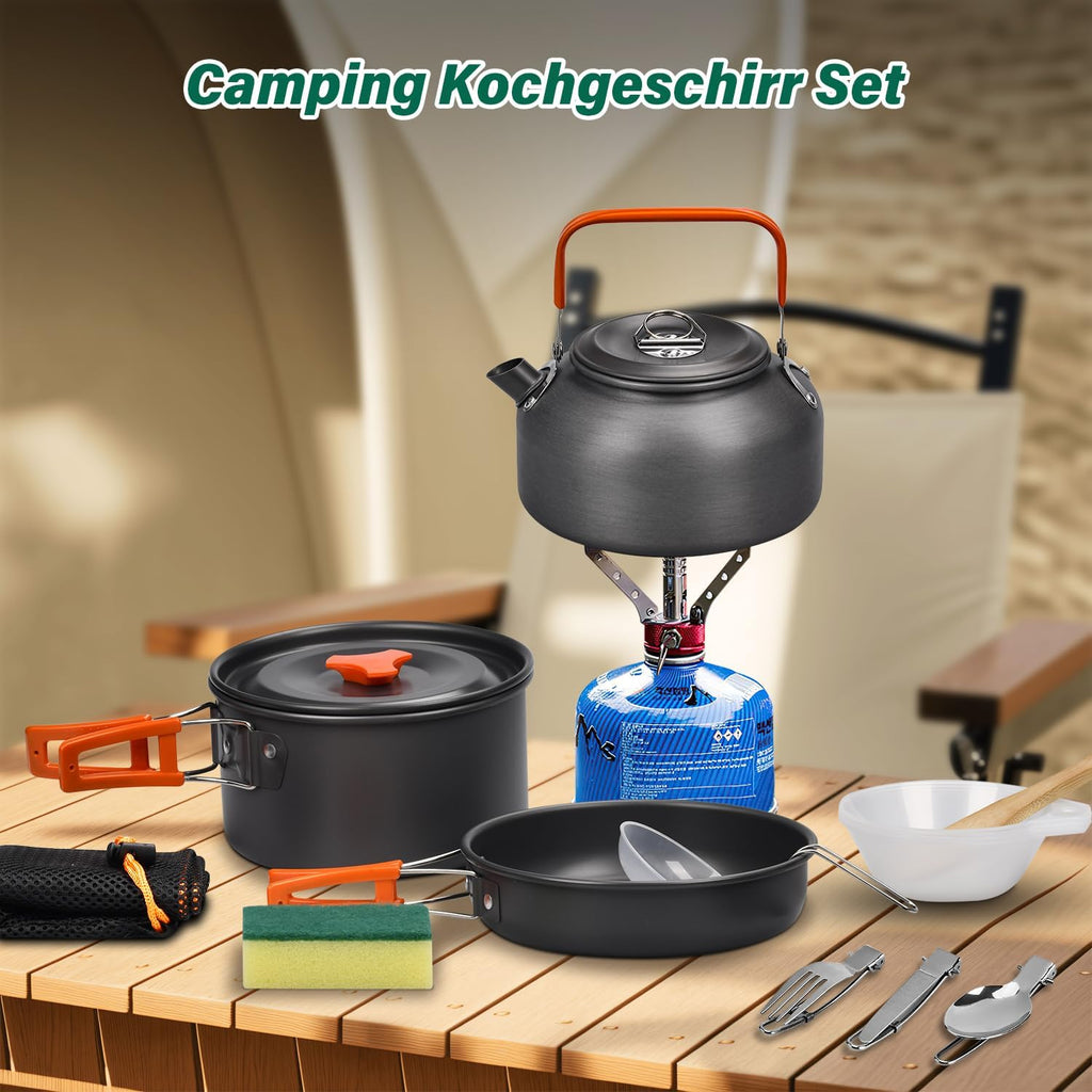 Camping Cookware Set, 13-Piece Foldable Outdoor Crockery Set with Camping Pot, Camping Frying Pan and Teapots for Hiking Outdoor Cooking Picnic 1-4 People