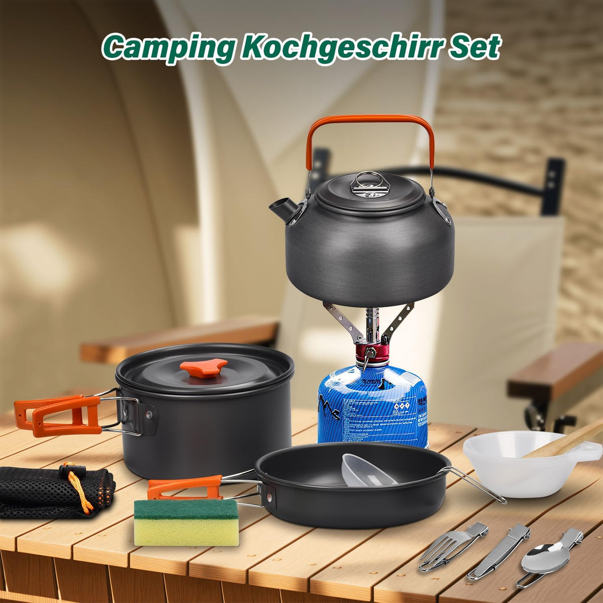 Camping Cookware Set, 13-Piece Foldable Outdoor Crockery Set with Camping Pot, Camping Frying Pan and Teapots for Hiking Outdoor Cooking Picnic 1-4 People
