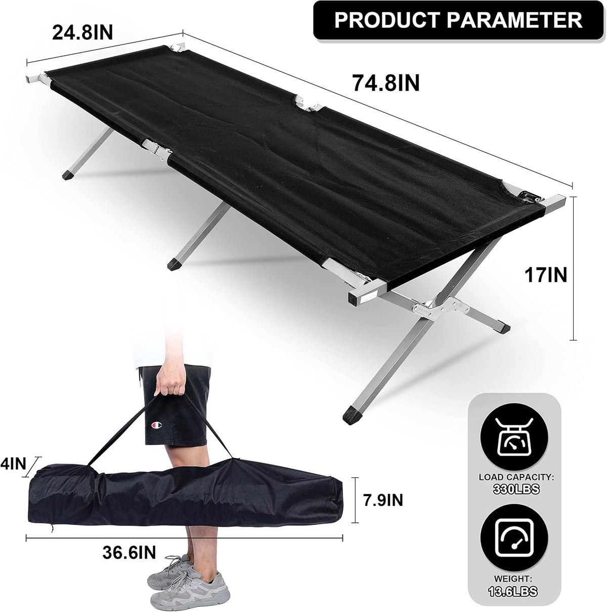 Folding Camping Cot with Storage Bag for Adults, Portable and Lightweight Sleeping Bed for Outdoor Traveling, Hiking, Easy to Set up (Color: Black), 2 Pack