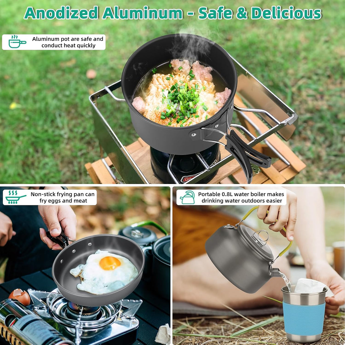 Camping Cookware Set, Portable Camping Mess Kit with Non-Stick PotsPans Set and Folding Fork, Lightweight Backpacking cookware Cooking Set for Outdoor/Camping/Hiking/Picnic