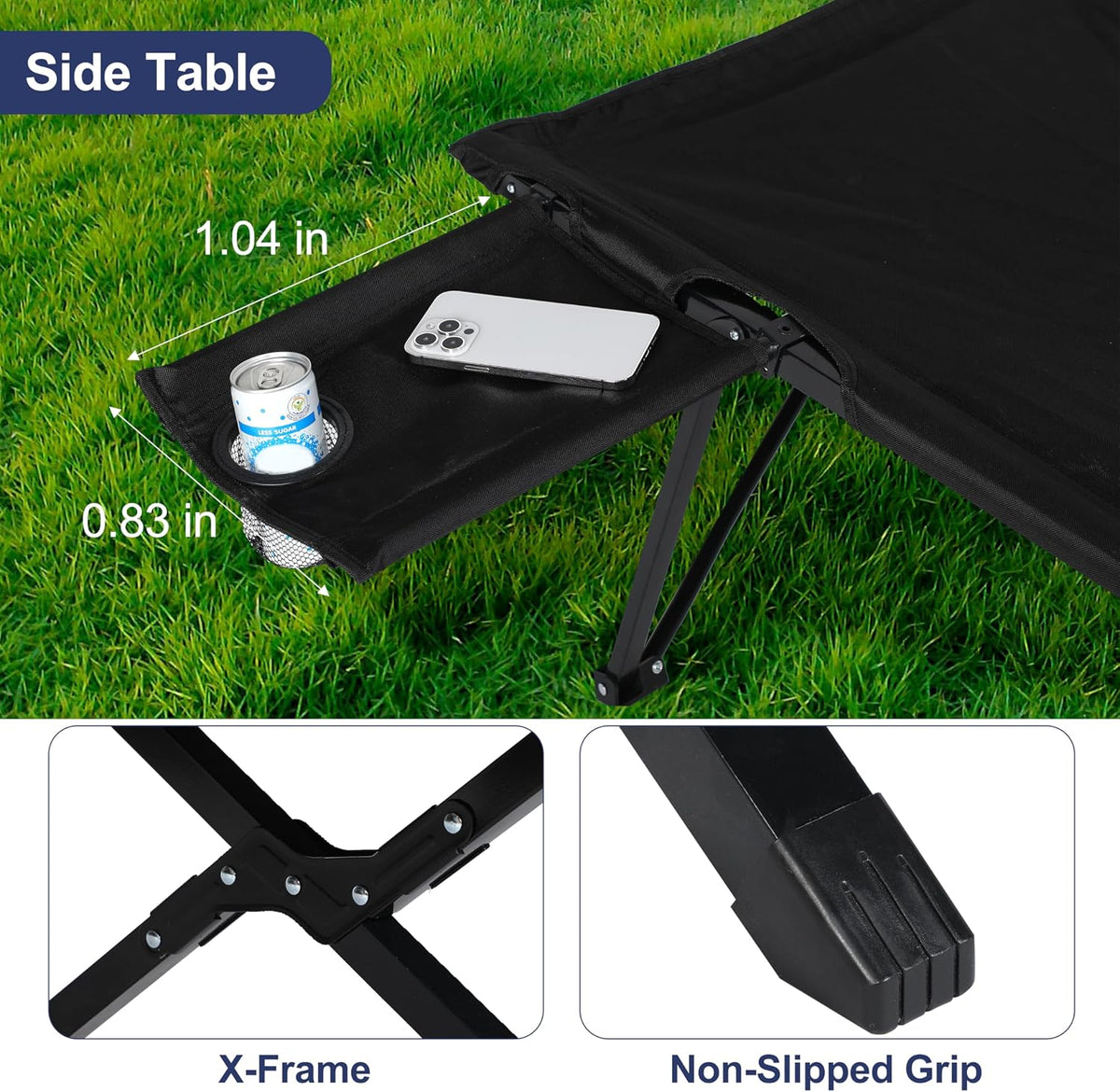 Folding Camping Cot with Table for Adults, Portable and Lightweight Sleeping Bed for Outdoor Traveling, Hiking, Easy to Set up, Black